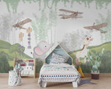Tapet Personalizat Lumea Animalelor cu elefant si girafa intr-un camp inverzit cu copaci si avioane - GREEN FIELD ANIMALS