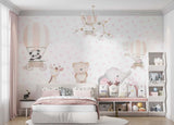 Tapet Personalizat Lumea Animalelor cu animalute fericite in baloane cu aer cald si fundal cu inimioare roz - PINK HEARTED ANIMALS