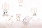 Tapet Personalizat Lumea Animalelor cu animalute fericite in baloane cu aer cald si fundal cu inimioare roz - PINK HEARTED ANIMALS