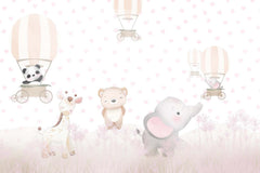 Tapet Personalizat Lumea Animalelor cu animalute fericite in baloane cu aer cald si fundal cu inimioare roz - PINK HEARTED ANIMALS