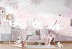 Tapet Personalizat Lumea Animalelor cu animale exotice in vegetatia tropicala roz - PASTEL PINK ANIMALS