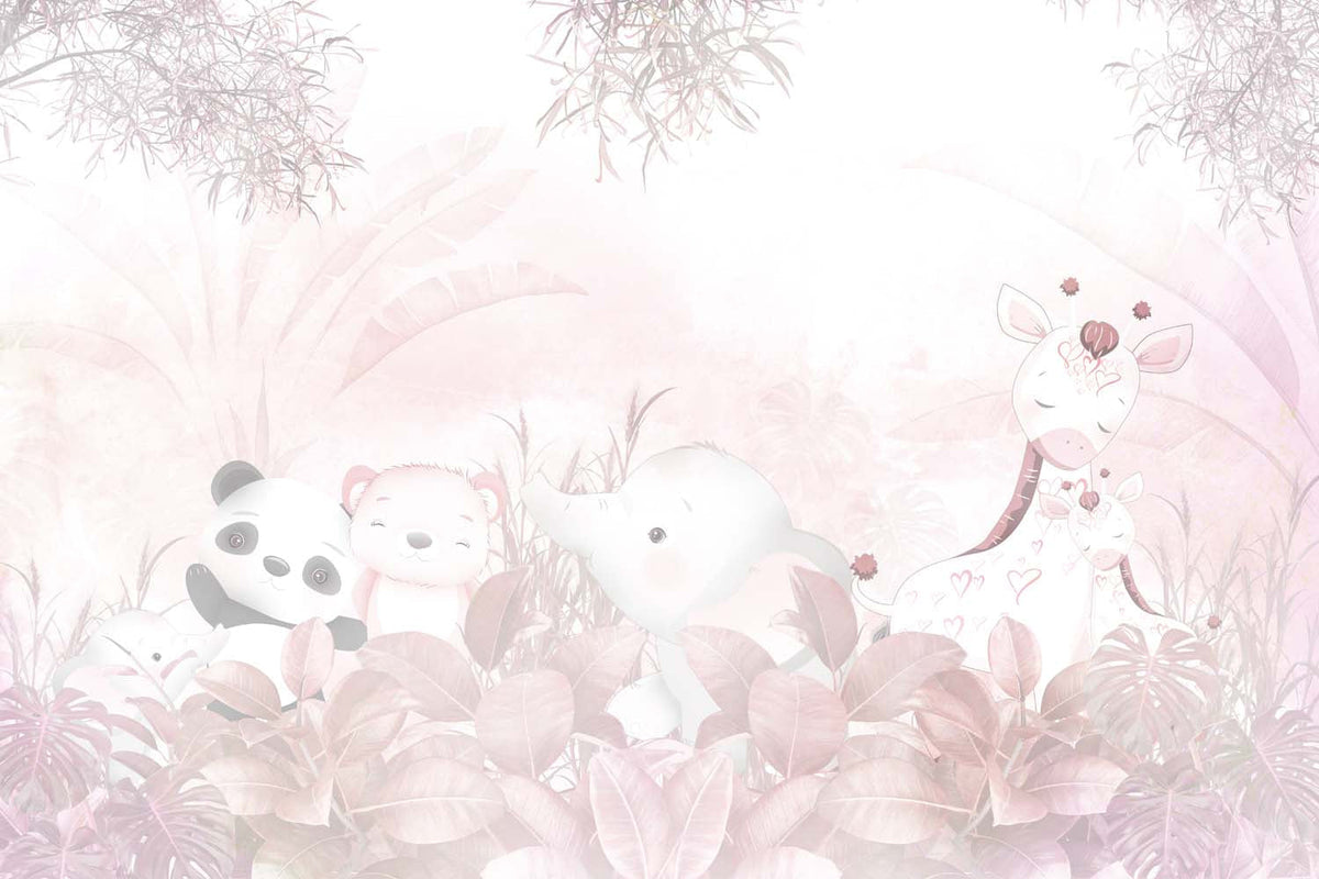 Tapet Personalizat Lumea Animalelor cu animale exotice in vegetatia tropicala roz - PASTEL PINK ANIMALS