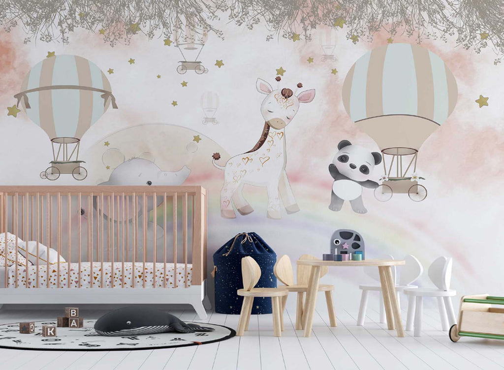 Tapet Personalizat Lumea Animalelor cu animale exotice mergand pe curcubeu printre baloane cu aer cald in nuante calde - OVER THE RAINBOW