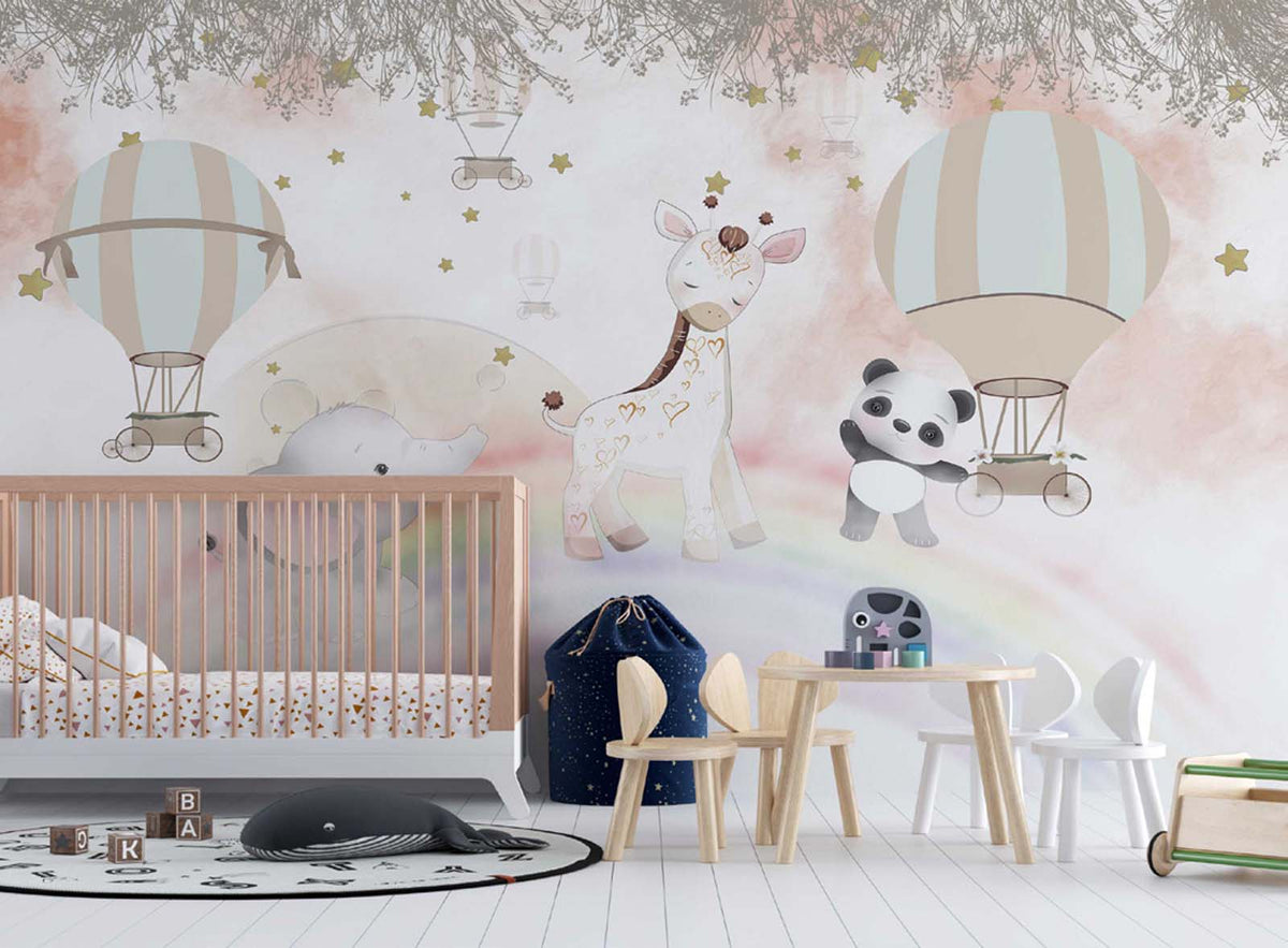 Tapet Personalizat Lumea Animalelor cu animale exotice mergand pe curcubeu printre baloane cu aer cald in nuante calde - OVER THE RAINBOW