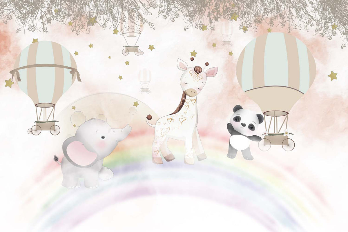 Tapet Personalizat Lumea Animalelor cu animale exotice mergand pe curcubeu printre baloane cu aer cald in nuante calde - OVER THE RAINBOW