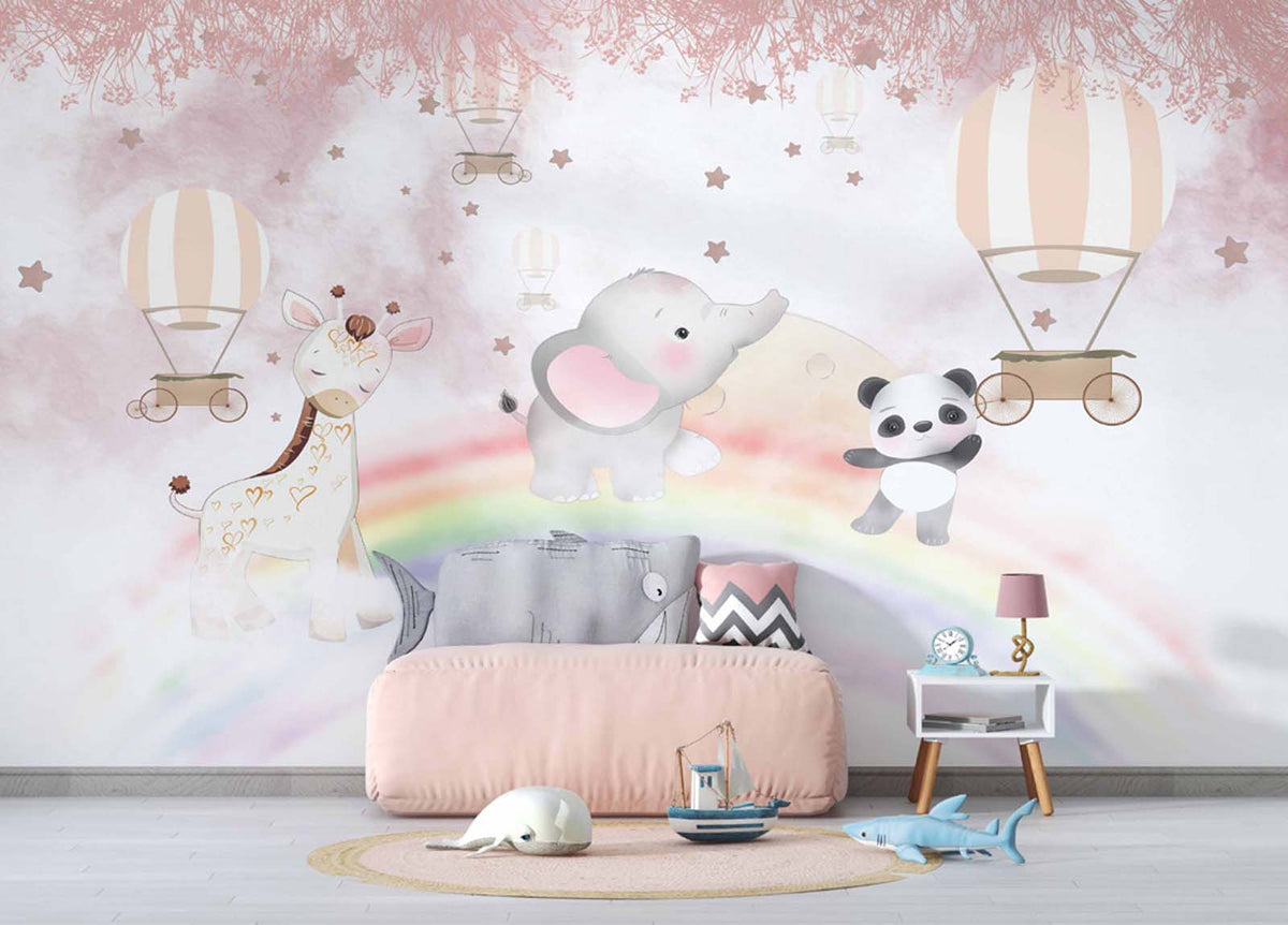 Tapet Personalizat Lumea Animalelor cu animale exotice mergand pe curcubeu printre baloane cu aer cald in nuante roz - OVER THE RAINBOW II