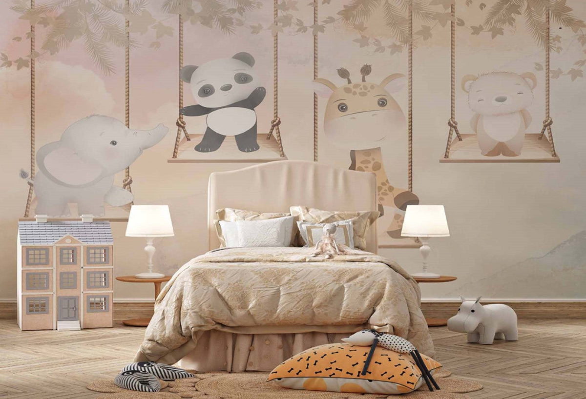 Tapet Personalizat Lumea Animalelor cu animale exotice care se dau in leagan - SWINGING ANIMALS
