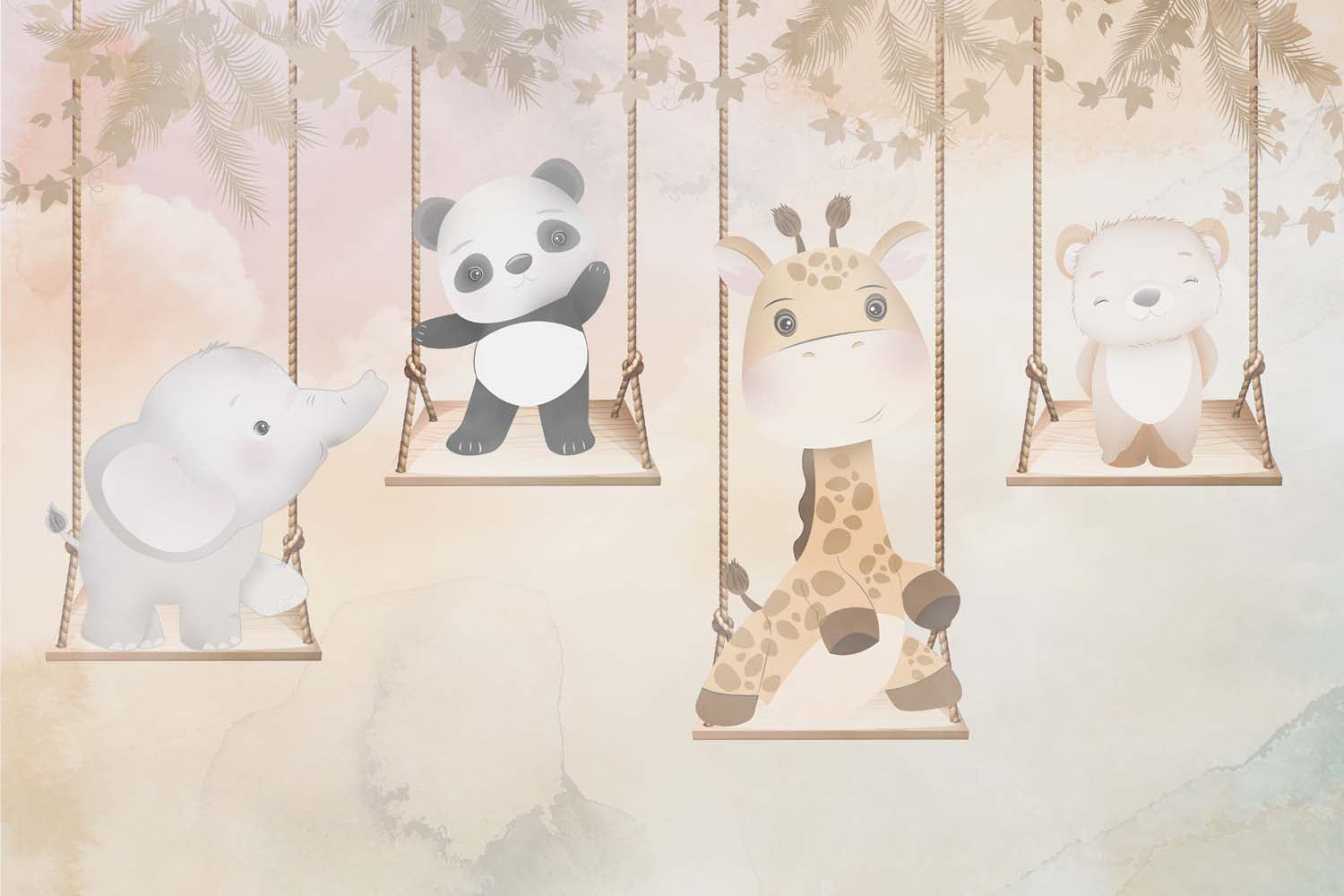 Tapet Personalizat Lumea Animalelor cu animale exotice care se dau in leagan - SWINGING ANIMALS