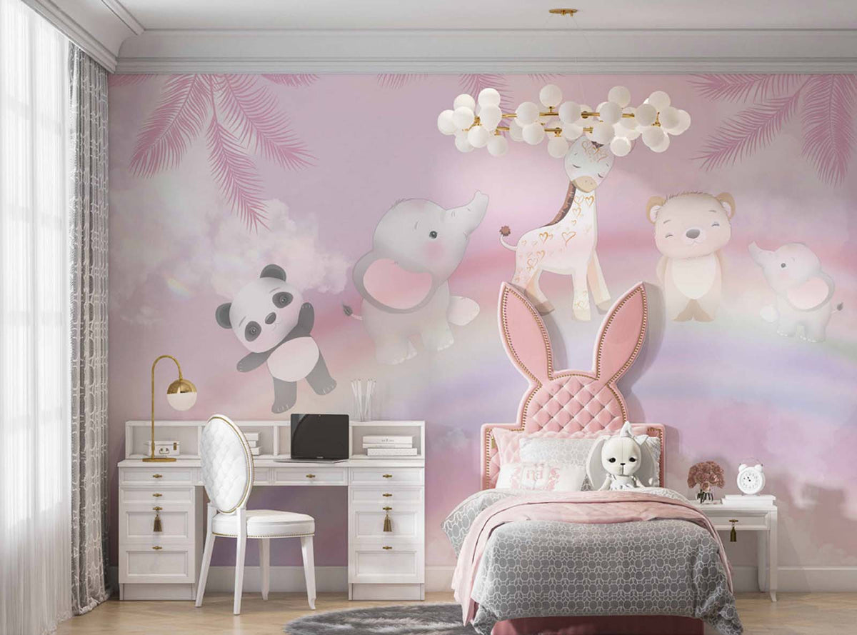 Tapet Personalizat Lumea Animalelor cu animale exotice asezate pe curcubeu pe un fundal tropical roz - PINK OVER THE RAINBOW