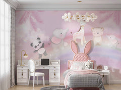 Tapet Personalizat Lumea Animalelor cu animale exotice asezate pe curcubeu pe un fundal tropical roz - PINK OVER THE RAINBOW