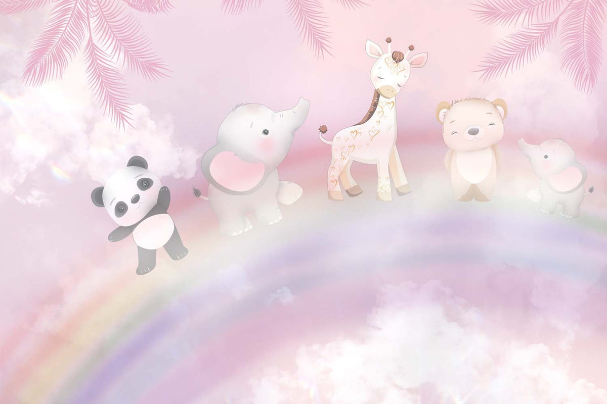 Tapet Personalizat Lumea Animalelor cu animale exotice asezate pe curcubeu pe un fundal tropical roz - PINK OVER THE RAINBOW