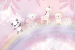 Tapet Personalizat Lumea Animalelor cu animale exotice asezate pe curcubeu pe un fundal tropical roz - PINK OVER THE RAINBOW