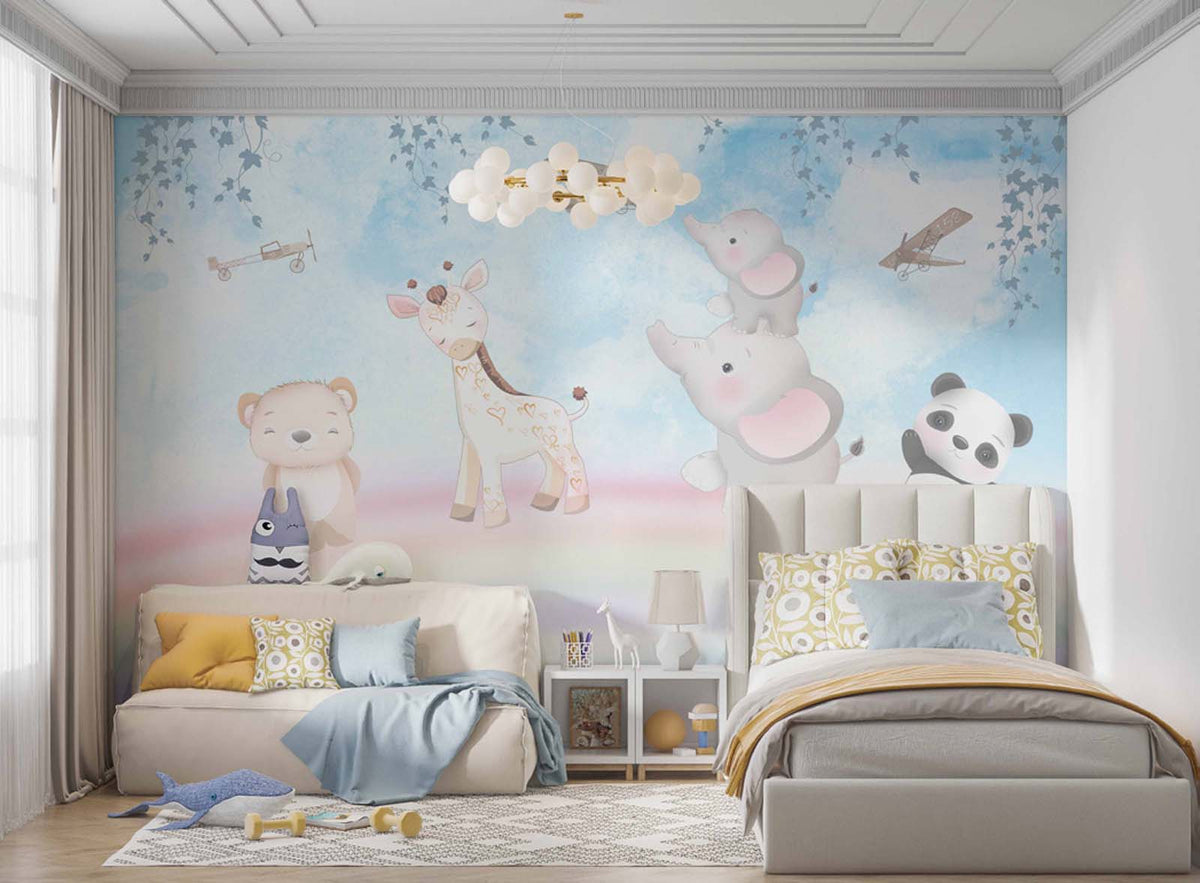 Tapet Personalizat Lumea Animalelor cu ursulet, panda, elefanti si girafa peste curcubeu printre avioane - FLYING RAINBOW
