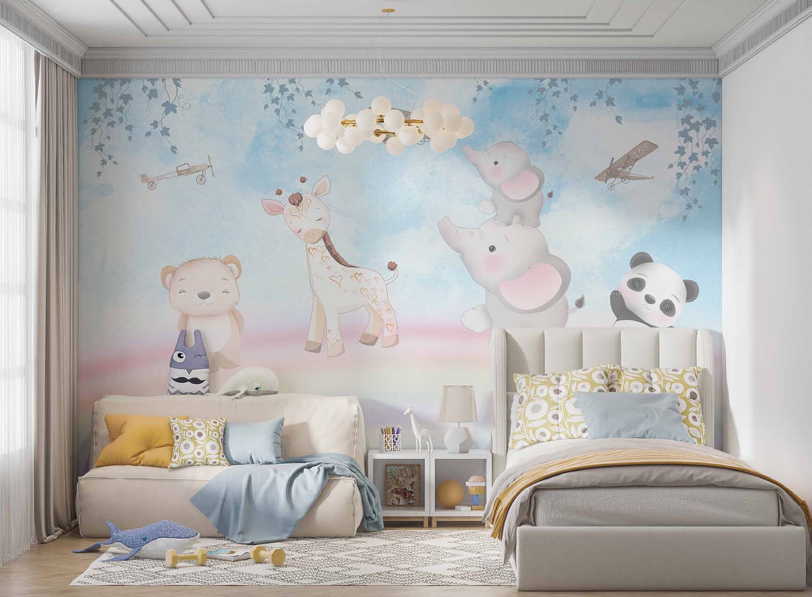 Tapet Personalizat Lumea Animalelor cu ursulet, panda, elefanti si girafa peste curcubeu printre avioane - FLYING RAINBOW