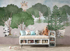 Tapet Personalizat Lumea Animalelor cu animale salbatice in padurea inverzita cu brazi si copaci - FOREST ANIMALS