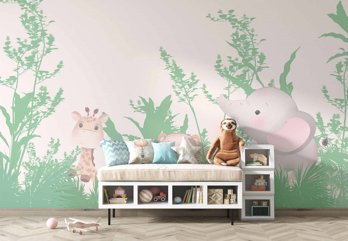 Tapet Personalizat Lumea Animalelor cu ilustratie tropicala cu animale in jungla verde intens - BRIGHT GREEN ANIMALS