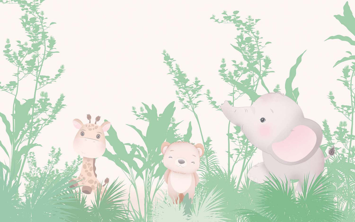 Tapet Personalizat Lumea Animalelor cu ilustratie tropicala cu animale in jungla verde intens - BRIGHT GREEN ANIMALS