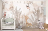 Tapet Personalizat Lumea Animalelor cu animale salbatice in padurea tropicala in nuante de bej-maro - EXOTIC AUTUMN ANIMALS