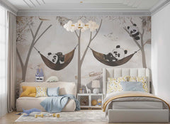 Tapet Personalizat Lumea Animalelor cu ursi panda in hamac intr-un peisaj montan cu avioane  - BROWN HAMMOCK PANDA