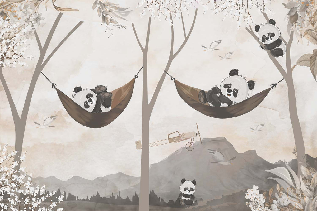 Tapet Personalizat Lumea Animalelor cu ursi panda in hamac intr-un peisaj montan cu avioane  - BROWN HAMMOCK PANDA