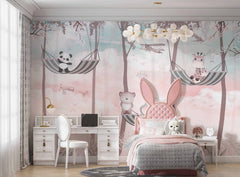 Tapet Personalizat Lumea Animalelor cu animalute exotice in hamace in padurea roz - PINK FOREST HAMMOCKS