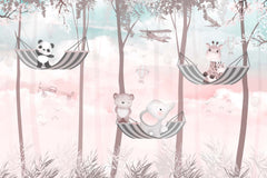 Tapet Personalizat Lumea Animalelor cu animalute exotice in hamace in padurea roz - PINK FOREST HAMMOCKS