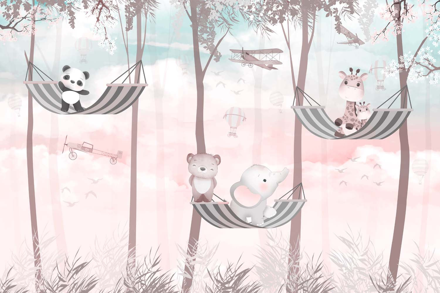 Tapet Personalizat Lumea Animalelor cu animalute exotice in hamace in padurea roz - PINK FOREST HAMMOCKS