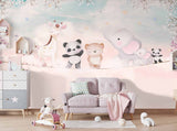 Tapet Personalizat Lumea Animalelor cu ursi panda, girafe si elefanti stand pe o franghie deasupra cerului roz - ON THE ROPE PINK