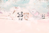 Tapet Personalizat Lumea Animalelor cu ursi panda, girafe si elefanti stand pe o franghie deasupra cerului roz - ON THE ROPE PINK