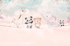 Tapet Personalizat Lumea Animalelor cu ursi panda, girafe si elefanti stand pe o franghie deasupra cerului roz - ON THE ROPE PINK