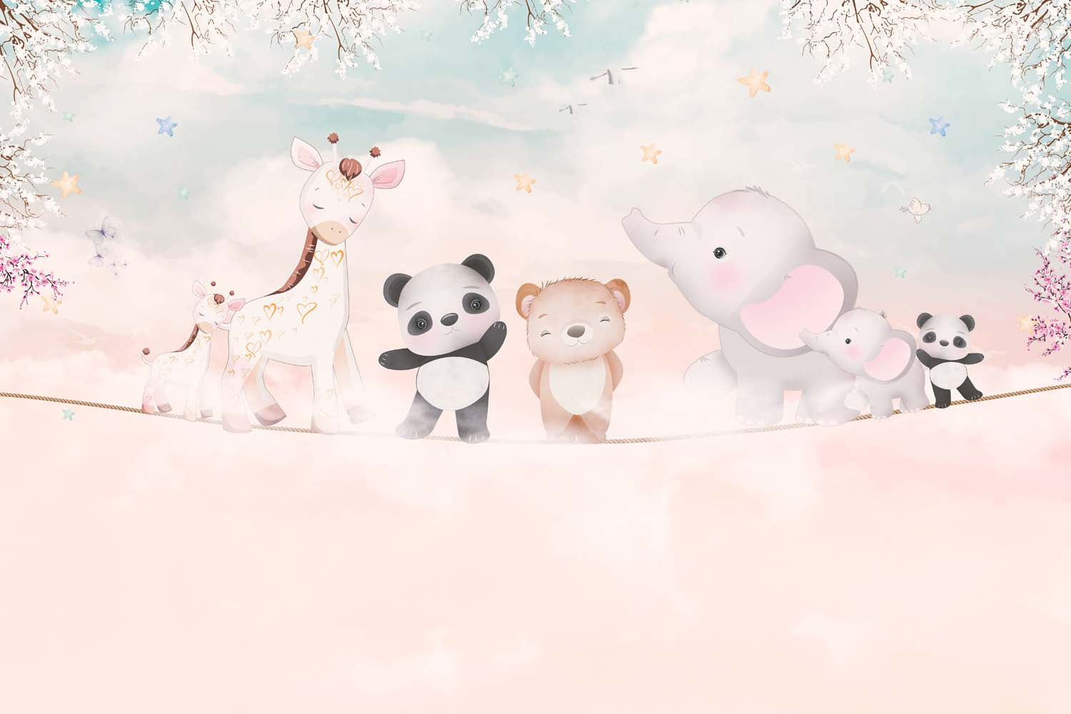 Tapet Personalizat Lumea Animalelor cu ursi panda, girafe si elefanti stand pe o franghie deasupra cerului roz - ON THE ROPE PINK