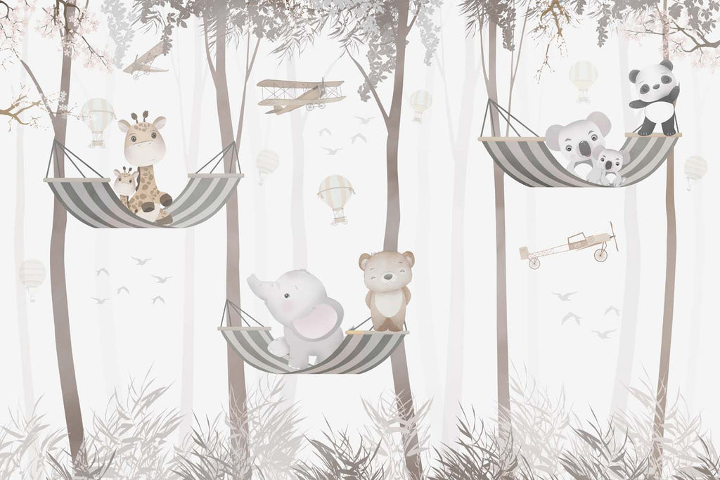 Tapet Personalizat Lumea Animalelor cu familii de animalute exotice in hamace in padurea tropicala - SHARING HAMMOCKS