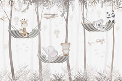 Tapet Personalizat Lumea Animalelor cu familii de animalute exotice in hamace in padurea tropicala - SHARING HAMMOCKS