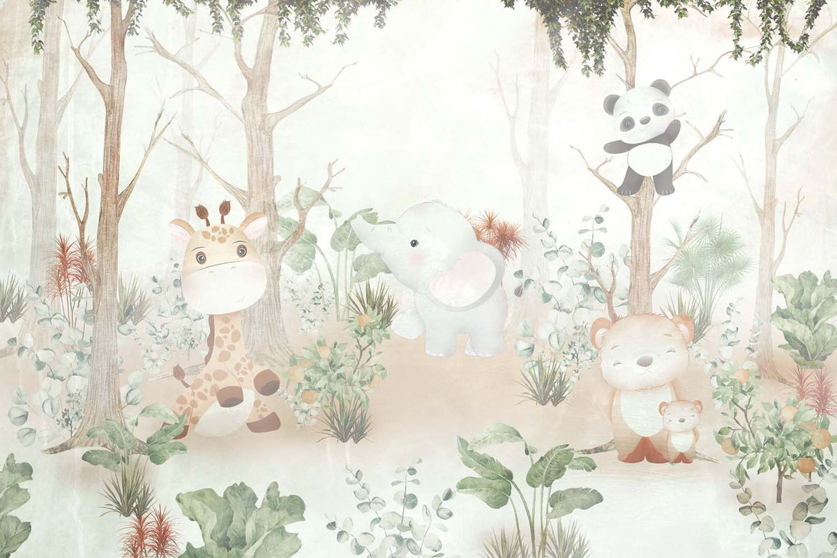 Tapet Personalizat Lumea Animalelor cu ilustratie tropicala cu animalute exotice  - PAINTED ANIMAL FOREST