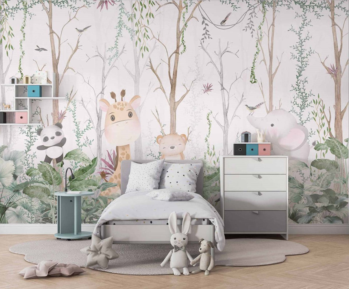 Tapet Personalizat Lumea Animalelor cu vegetatie tropicala densa si animale exotice - FRIENDSHIP FOREST