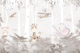 Tapet Personalizat Lumea Animalelor cu girafe si elefanti alergand prin padurea tropicala bej - JUMPING GIRAFFE