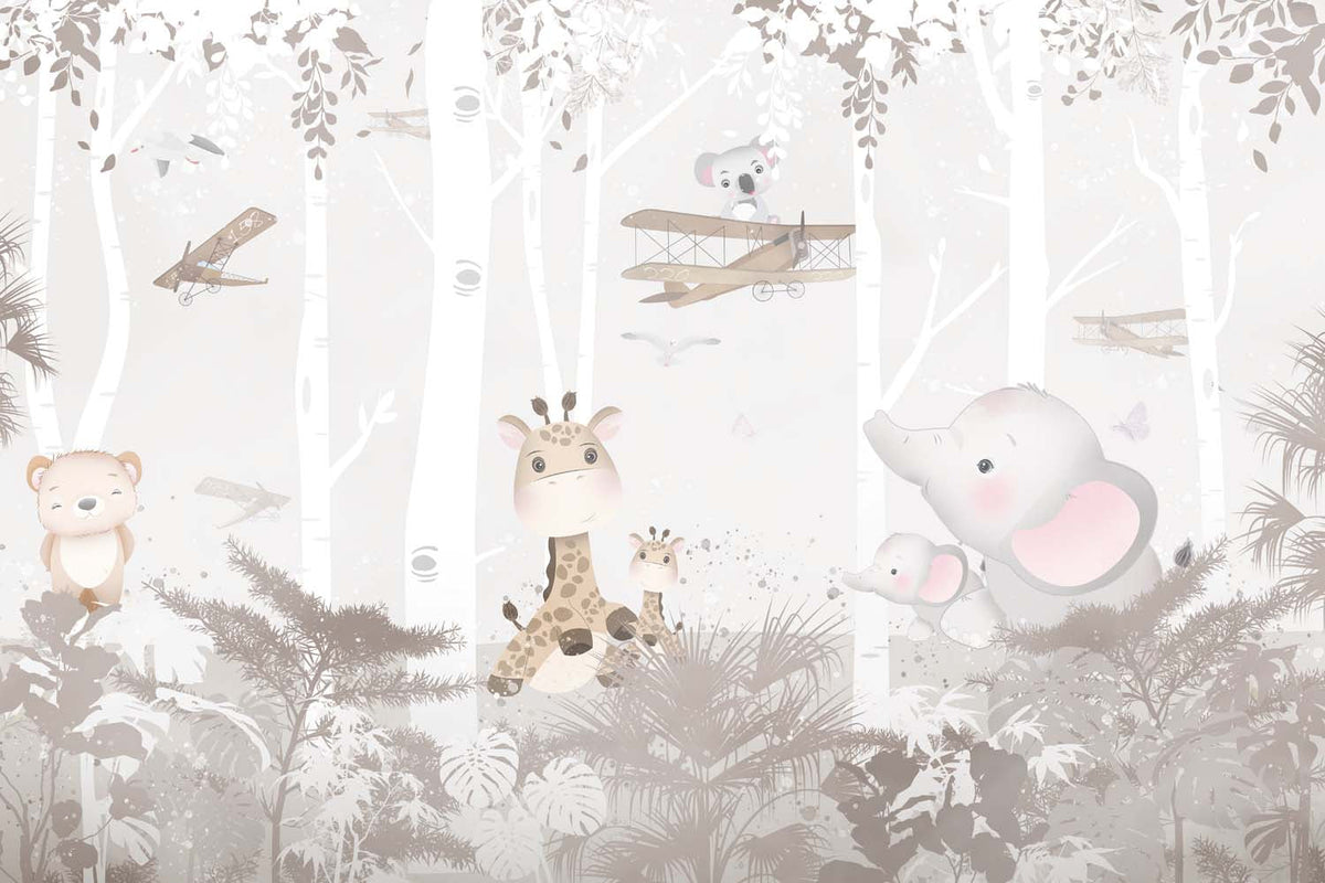 Tapet Personalizat Lumea Animalelor cu girafe si elefanti alergand prin padurea tropicala bej - JUMPING GIRAFFE