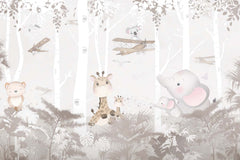 Tapet Personalizat Lumea Animalelor cu girafe si elefanti alergand prin padurea tropicala bej - JUMPING GIRAFFE