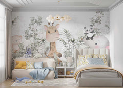 Tapet Personalizat Lumea Animalelor cu pui de panda, elefant, girafa si ursulet printre frunzele padurii tropicale  - WAVING BABY PANDA