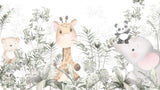 Tapet Personalizat Lumea Animalelor cu pui de panda, elefant, girafa si ursulet printre frunzele padurii tropicale  - WAVING BABY PANDA