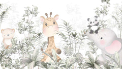 Tapet Personalizat Lumea Animalelor cu pui de panda, elefant, girafa si ursulet printre frunzele padurii tropicale  - WAVING BABY PANDA