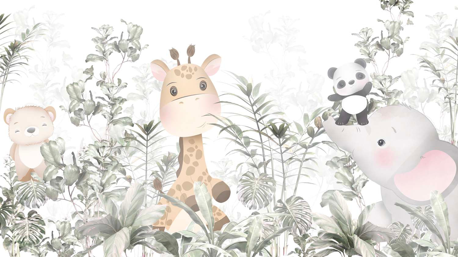 Tapet Personalizat Lumea Animalelor cu pui de panda, elefant, girafa si ursulet printre frunzele padurii tropicale  - WAVING BABY PANDA