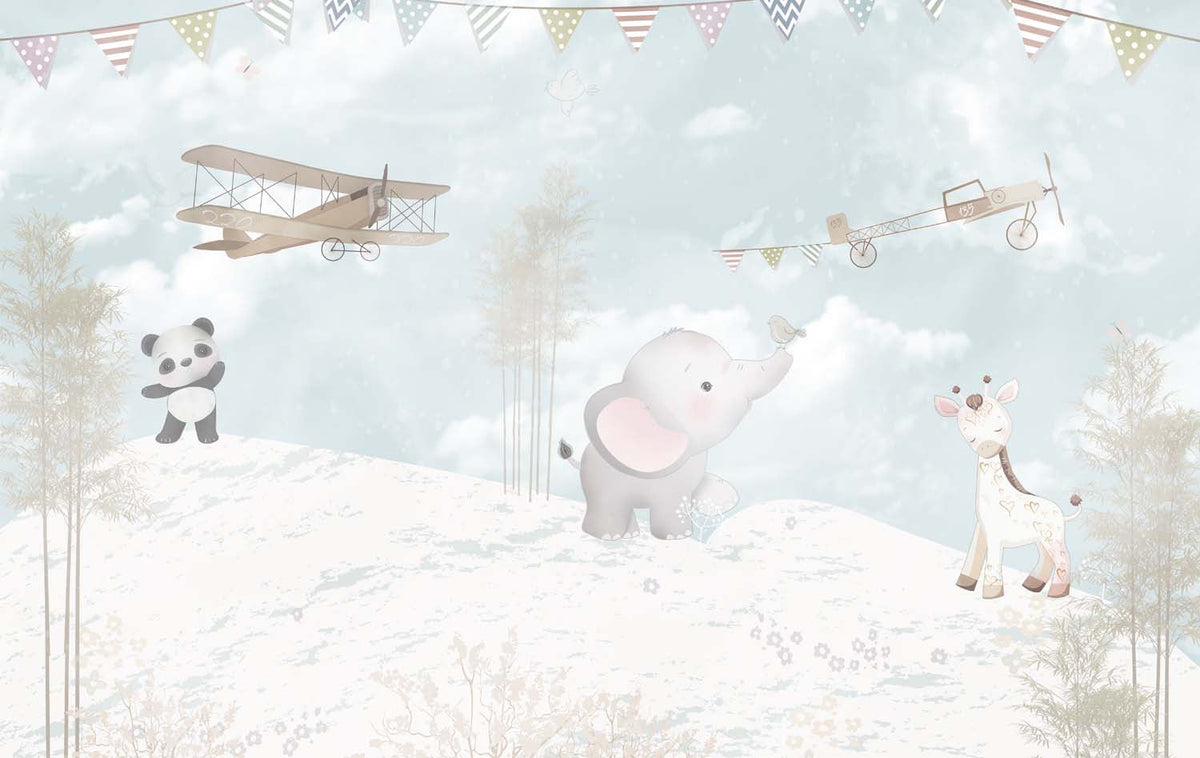 Tapet Personalizat Lumea Animalelor cu panda, elefant si girafa mergand prin zapada sub avioane si stegulete - EXOTIC WINTER