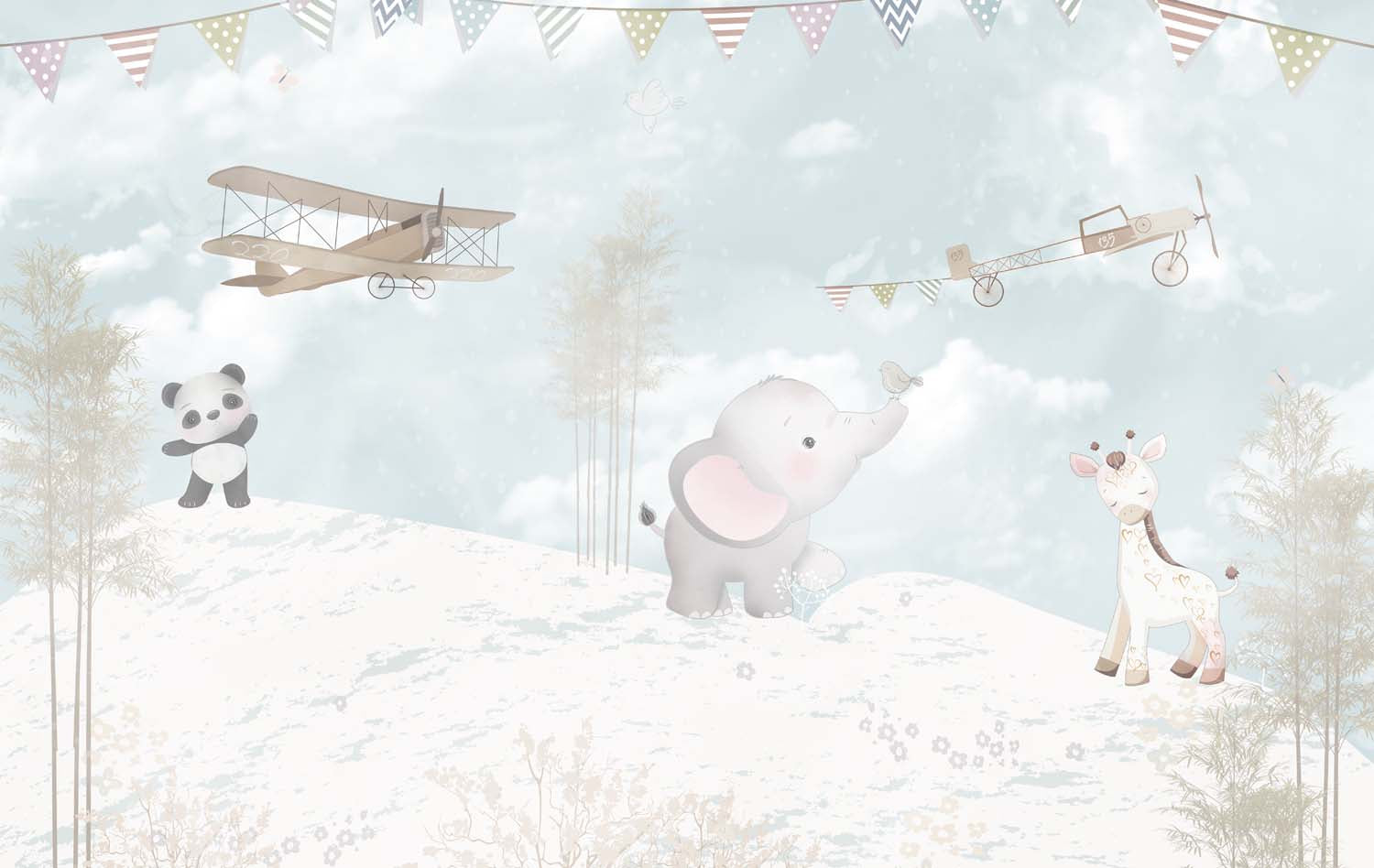 Tapet Personalizat Lumea Animalelor cu panda, elefant si girafa mergand prin zapada sub avioane si stegulete - EXOTIC WINTER