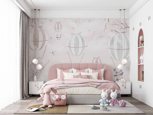 Tapet Personalizat Lumea Animalelor cu animale exotice zburand agatate de baloane - ANIMAL BALOONS