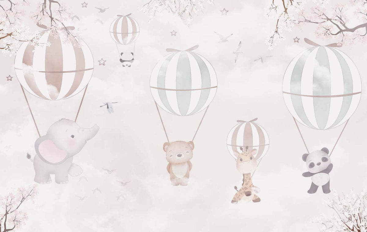 Tapet Personalizat Lumea Animalelor cu animale exotice zburand agatate de baloane - ANIMAL BALOONS