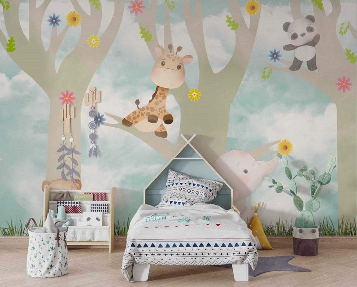 Tapet Personalizat Lumea Animalelor cu animalute exotice in copaci infloriti - FLOWER TREES