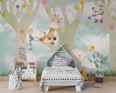 Tapet Personalizat Lumea Animalelor cu animalute exotice in copaci infloriti - FLOWER TREES