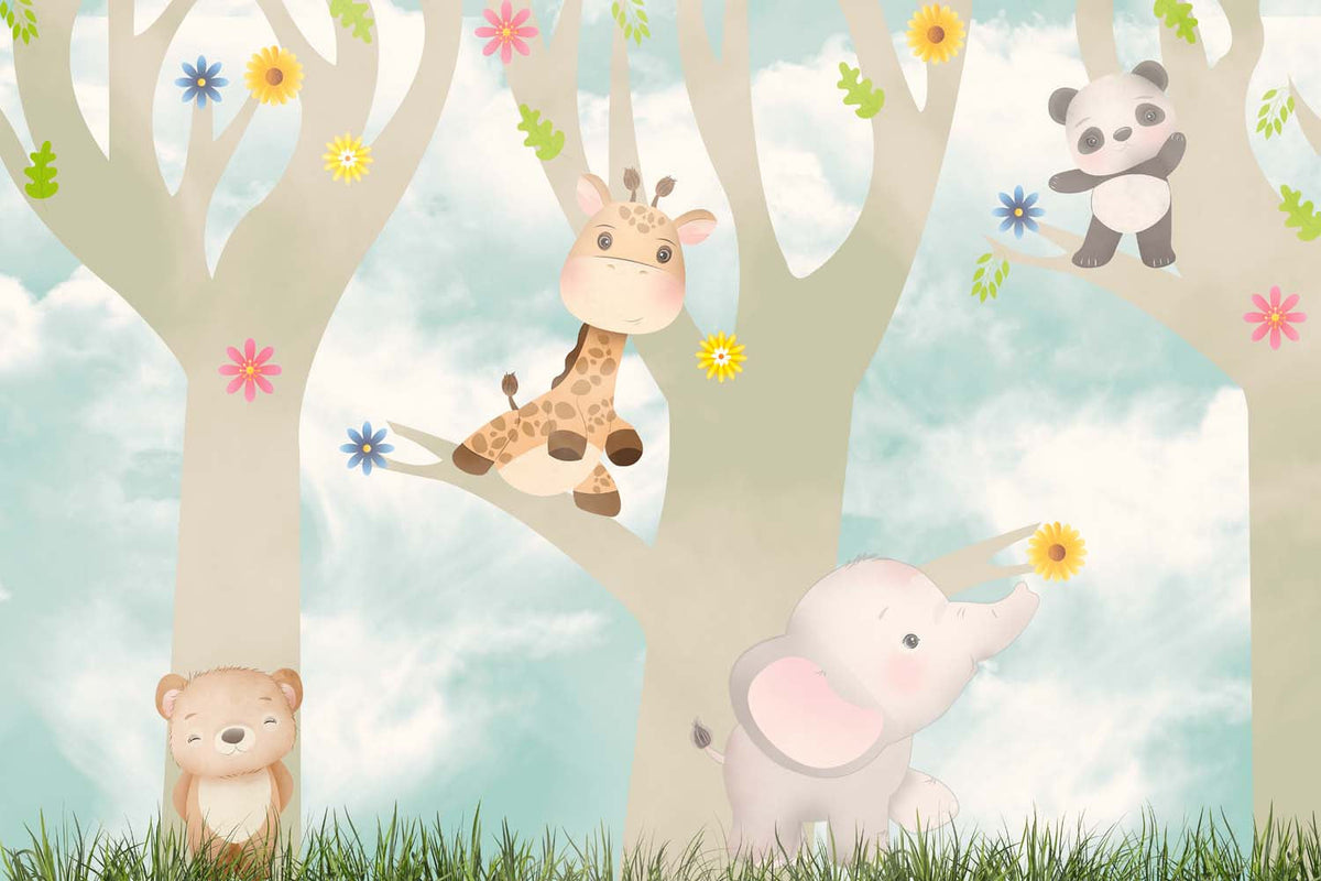 Tapet Personalizat Lumea Animalelor cu animalute exotice in copaci infloriti - FLOWER TREES