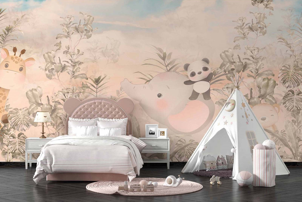 Tapet Personalizat Lumea Animalelor cu vegetatie densa tropicala si animale exotice aflate in ceata  - WARMY WEATHER
